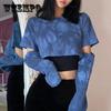 Spring and Autumn New Tie-Dye Two-Piece Tops Women's Cut-Out Sleeves Short T-Shirts Streetwear Cool Style Casual Shirts