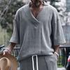 Мужской верх вязаный V-образный вырез с половиной рукавом свободный мешковатый сплошной цвет ретро аппликация эластичный мягкий дышащий средней длины спортивная повседневная футболка мужская футболка