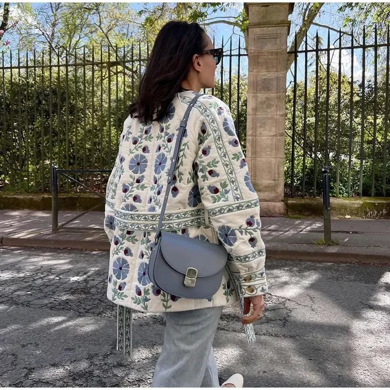 Куртка с принтом на шнуровке и подкладкой, женская, с длинным рукавом, свободный цветочный принт, однобортное стеганое пальто, повседневный топ большого размера для поездок на работу, осень-зима