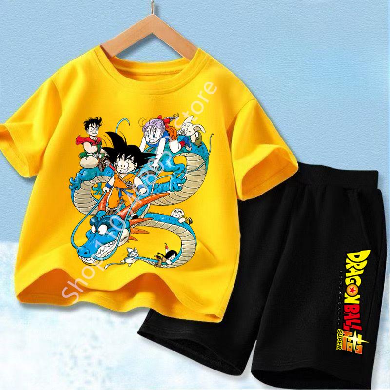 2026 Hot Anime Cool Goku Dragon Ball Z Boys CosPlay Short Sleeve Shorts with Pocket Beach Pants Breathable T-shirt Kids Suit