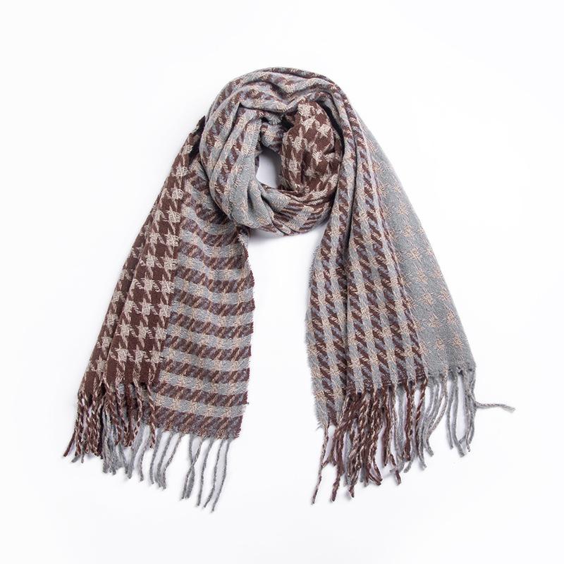 Autumn Winter Scarf Brown Houndstooth Scarf Women's Tassel Shawl