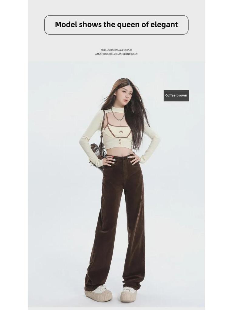 Женские коричневые вельветовые брюки широкого кроя: Высокая талия, ретро-стиль для мытья полов на осень и зиму