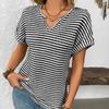 Ladies Summer Short Sleeve V Neck Striped Pullover T Shirt Top