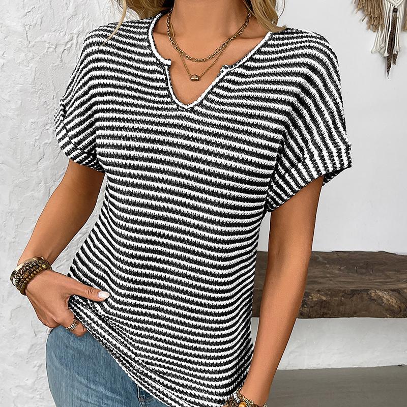 Ladies Summer Short Sleeve V Neck Striped Pullover T Shirt Top