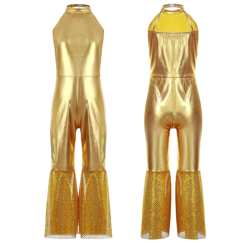 Girl Fancy Dress Up Metallic Sequins Movie Star Singer Bodysuit 70s Disco Party Dancer Suit Sleeveless Jumpsuit