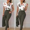 2Pcs/Set Summer Outfits V-neck Button Down High Waist Ruffled Sleeves Printing Daily Wear Matching Belt