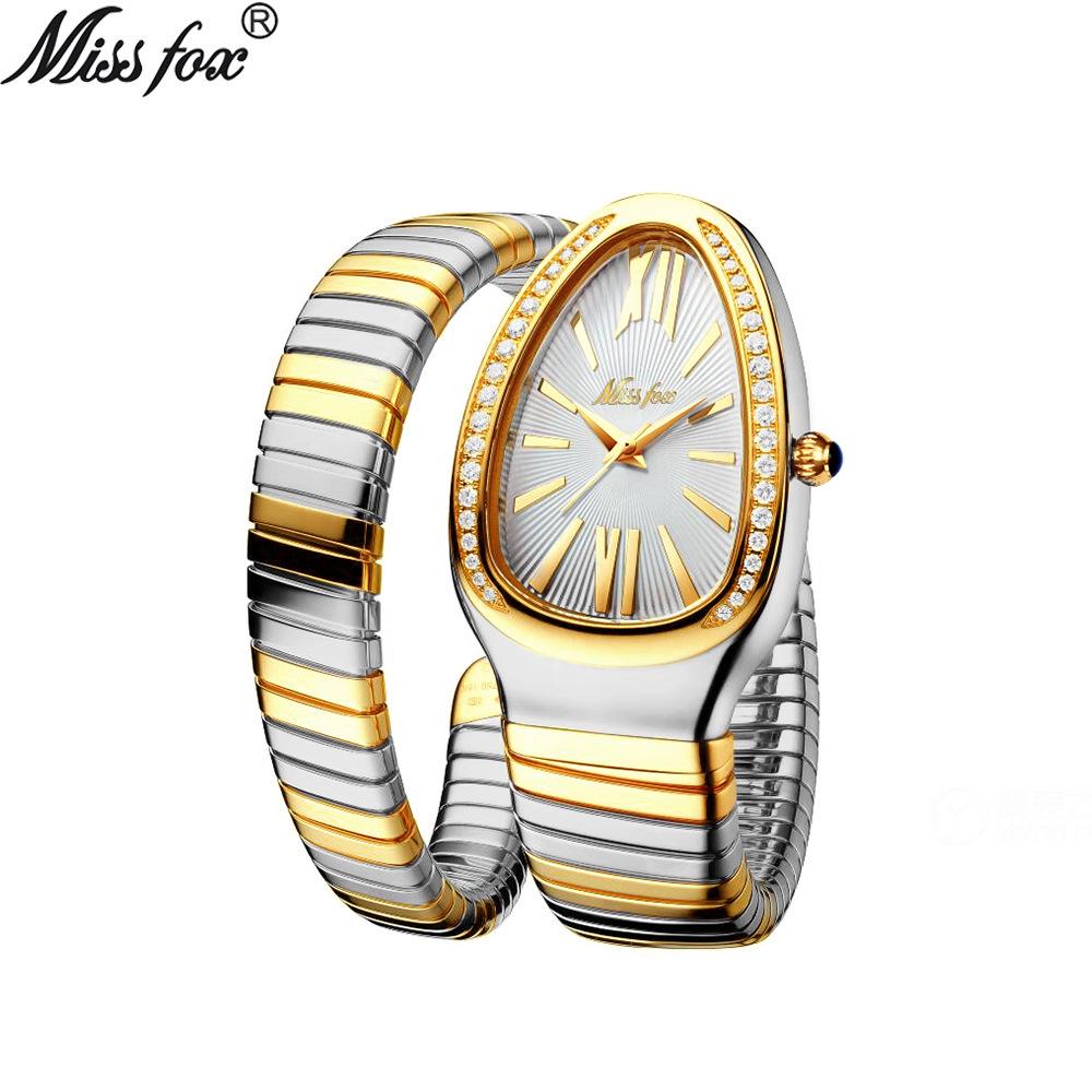 MISSFOX Women's Stainless Steel Snake Head Diamond Bangle Watch