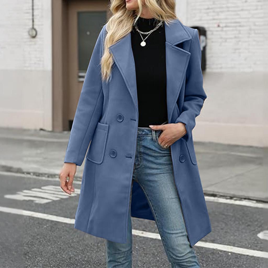 Женское шерстяное пальто средней длины на пуговицах с лацканами