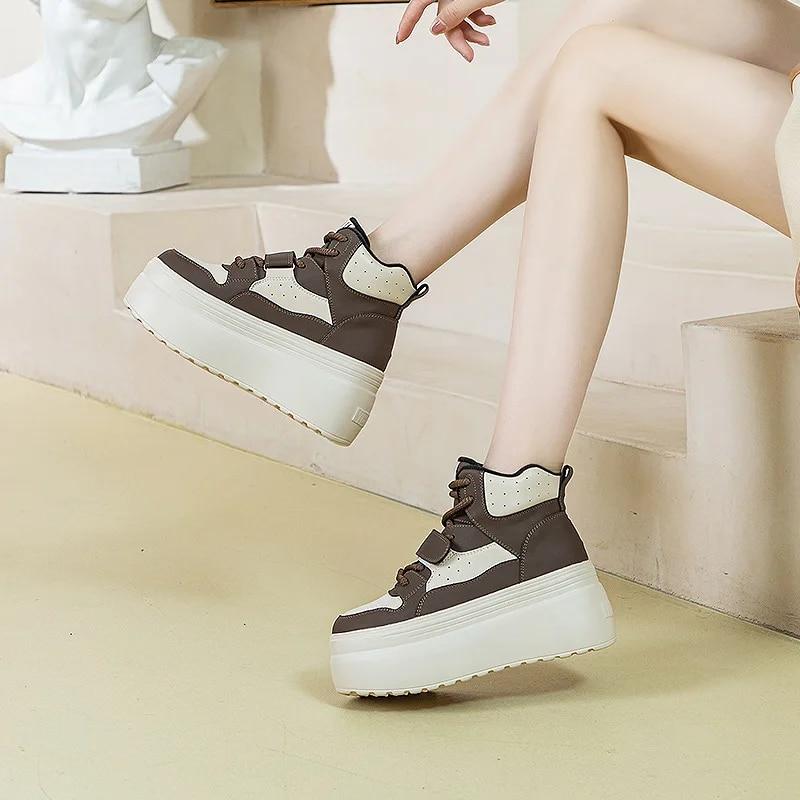 Fujin 8 см из синтетической натуральной кожи, женские кроссовки на платформе до щиколотки, женская обувь, весенне-осенние теплые зимние армейские ботинки на меху, ботильоны