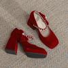 Fashion Korean Fashion Sweet Beaded Women's Pumps 2024 New Elegant Bow Red Wedding Bridal Shoes Comfortable Square Heel Platform Heels
