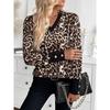 Elegant Women Printed V Neck Long Sleeve Pullover Sweatshirt Leopard Print Casual Blouse