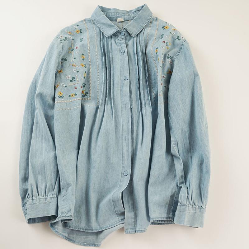Женская ретро джинсовая рубашка с вышивкой в стиле мультфильмов - Хлопок, с длинным рукавом, повседневный топ на весну/осень 2025
