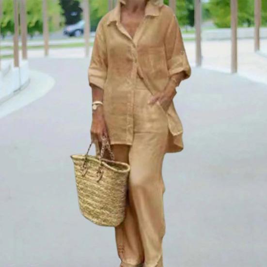 2 Pcs/Set Women Shirt Pants Set Solid Color Turn-down Collar Long Sleeve Top Wide Leg Elastic Waist Loose Pants Commute Clothes Blouse Trousers Set