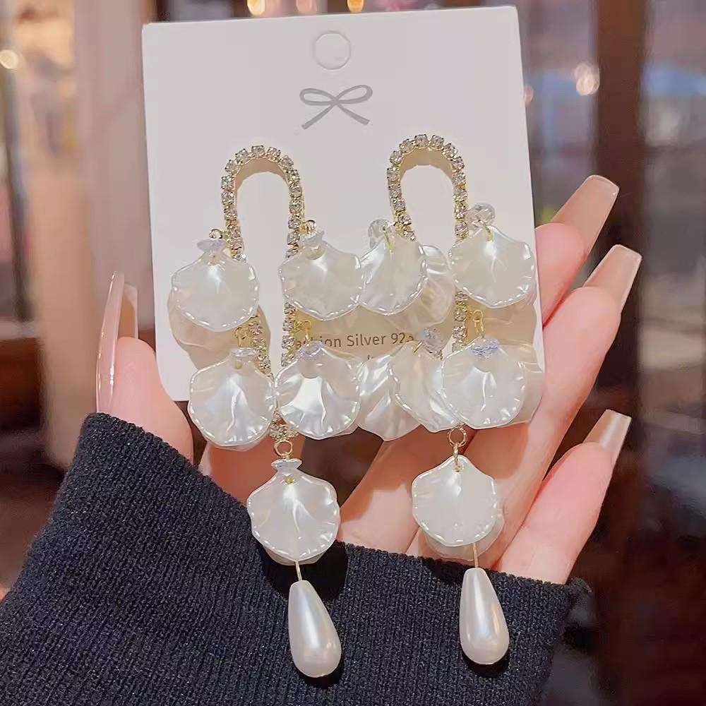 Silver Needle Pearl Flower Long Tassel Luxury Earrings