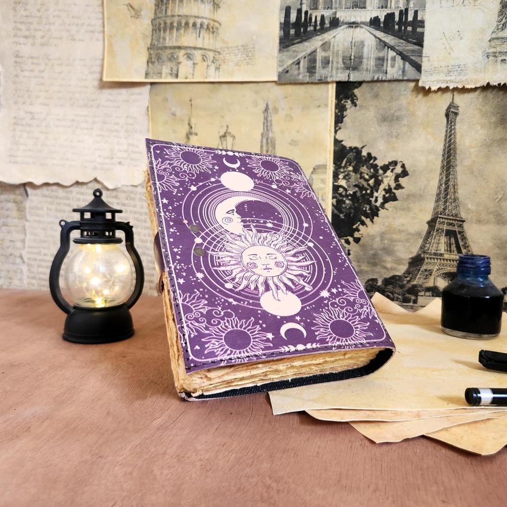 Vintage Sun Moon Leather Journal Handmade 200 Deckle Edge Pages C-Lock