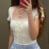 Casual White Knitted Lace Patched Female T-shirts Y2K Korean Style Slim Tie Up Shirring Summer Top Tee Folds Outfits