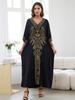 EDOLYNSA 2024 Vintage Plus Size Kaftan Ethnic Gold Embroidery Beach Dress Vacation Swimsuit Cover Up For Women Cozy V-neck Side Split House Robe