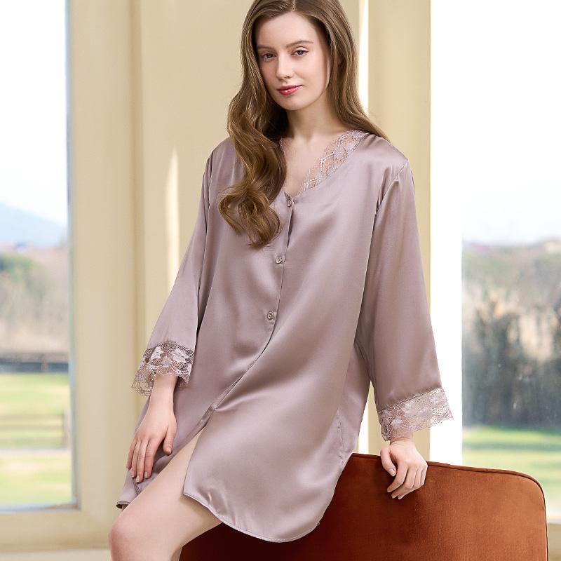 100% Mulberry Silk New Shirt Style Sexy Nightgown