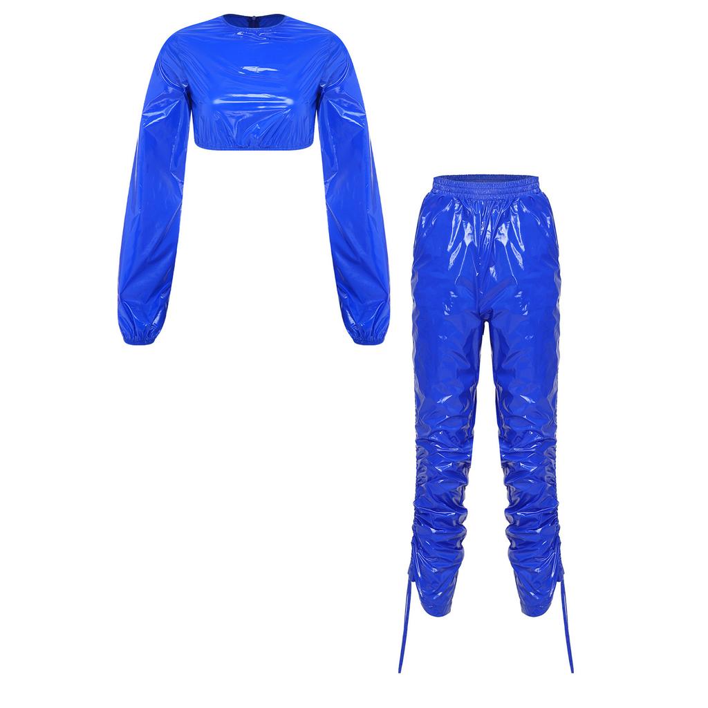 Waterproof Vinyl Long Sleeve Crop Top and Elastic Waist Capri Pants Set with Back Zipper Side Drawstrings for Women Fitness Workout