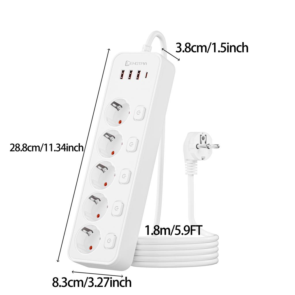 EU AC Plug 1.8M Extension Cord European Standard Independent Switch Multitap Power Strip Network Filter With USB C Ports Charging