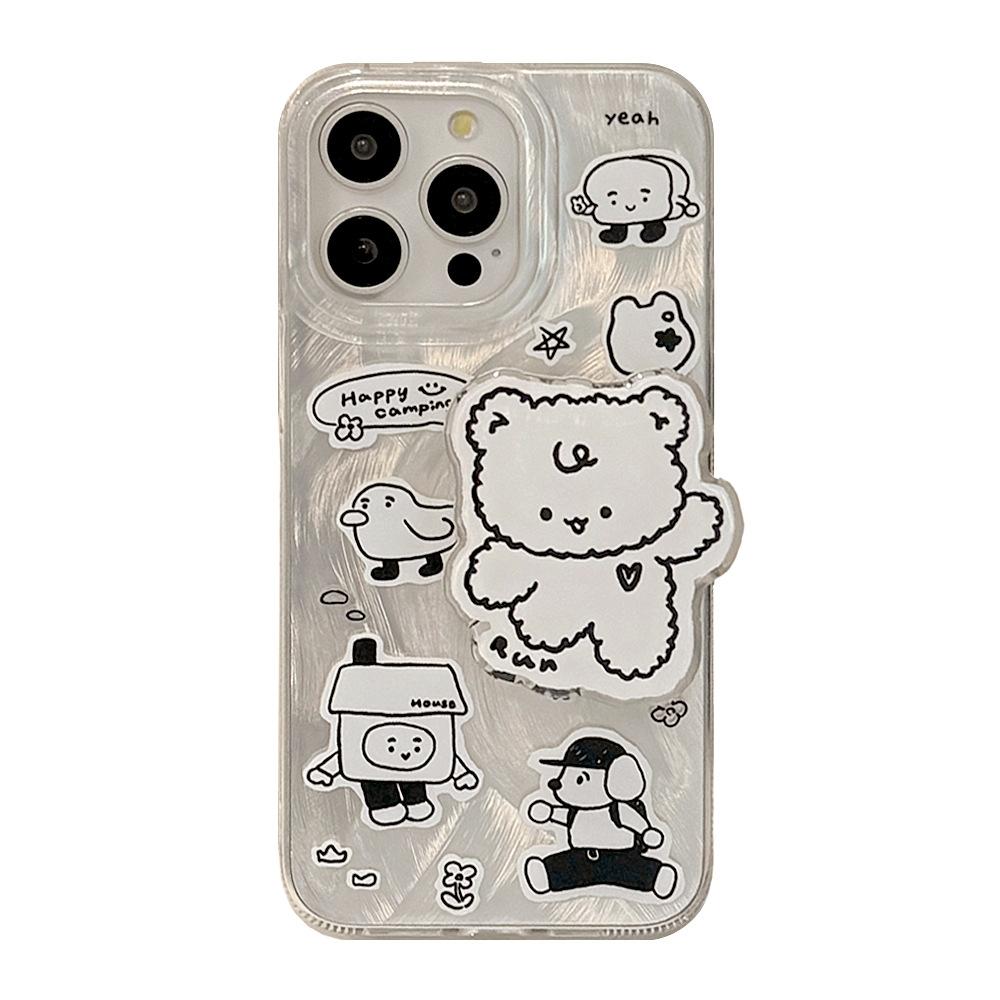 Simple Ins Sticker Wind Bear Stand Mobile Phone Case Apple 15 Promax for IPhone 13/16 Feather Yarn