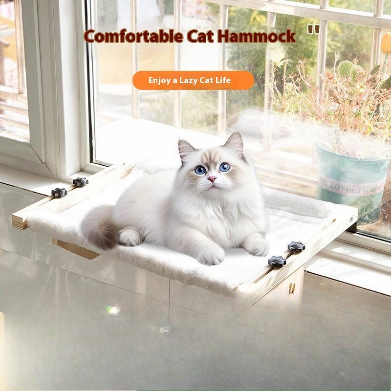 Wooden Cat Hammock Hanging Nest Hanging Bed On the Window Hanging Balcony Hanging Cat Nest by the Bed Basking In the Sun Plush Pet Bed
