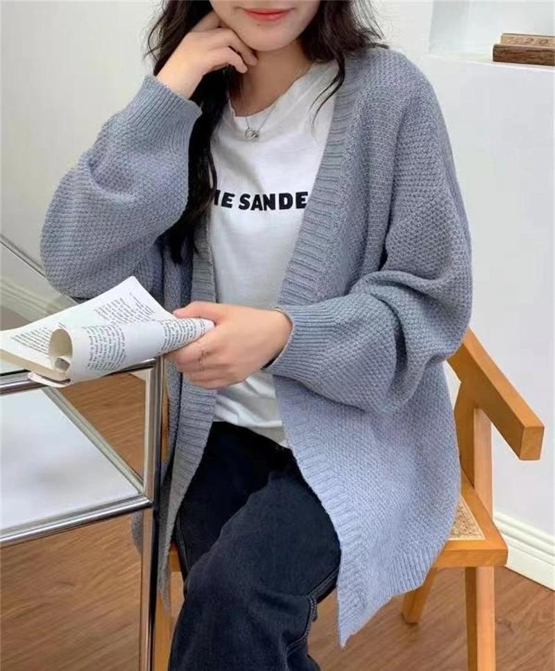 Elegant Loose Long Sleeve Thick Knitted Cardigan Women Autumn Winter Soft Solid Color Sweater Korean