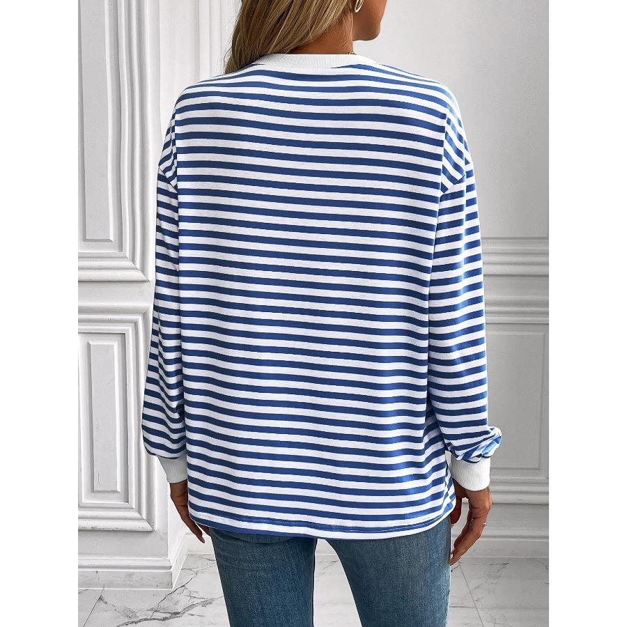Striped T-Shirts Women’s Loose Long Sleeve Pullover Round Neck T-shirt Top
