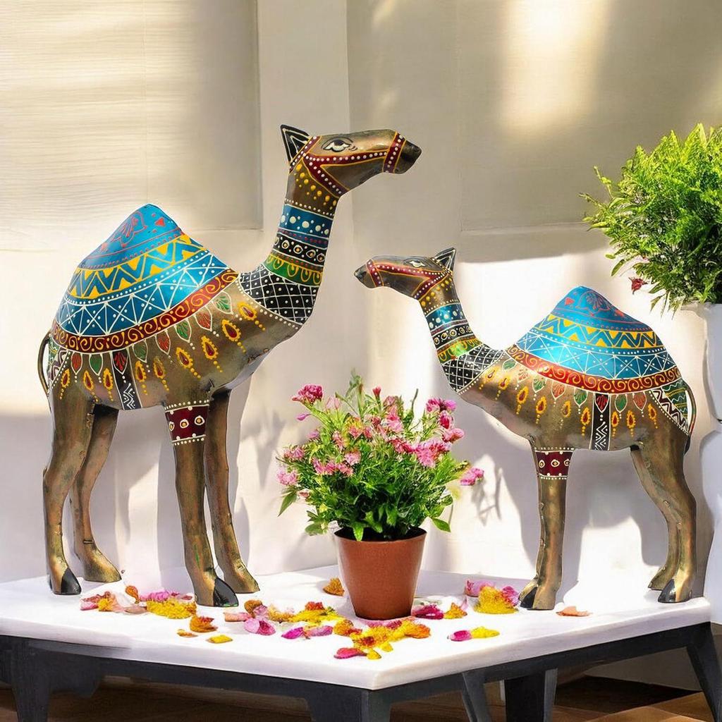 Королевские Раджастанские Кованые Железные Статуэтки Верблюдов - Набор из 2 штук | Расписанный вручную Яркий Декор | Идеально для Праздничных, Свадебных, Корпоративных Подарков (Верблюды)