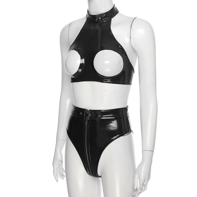 Женское нижнее белье с мокрым эффектом, без рукавов, с лямкой на шее, с открытой грудью, укороченный топ с высоким вырезом и поясом на молнии спереди, трусы для вечеринок и клубов