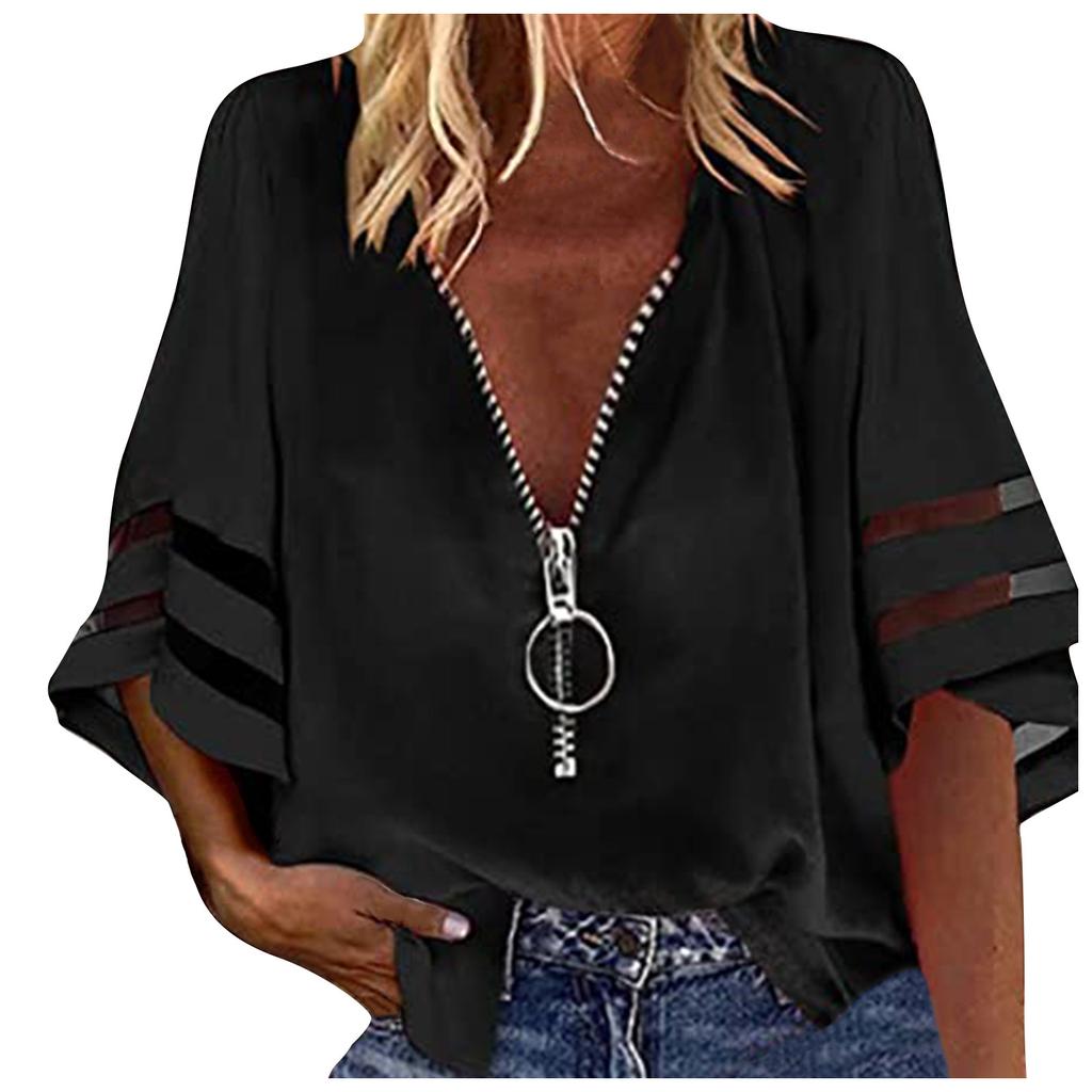 Women's Fashion Solid Colour Casual Loose Mid Sleeve Patchwork T-Shirt Top