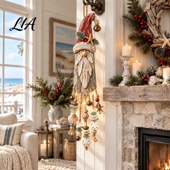 Lighted Nautical Holiday Pendant Coastal Santa Wooden Wall Hanging, LED Christmas Ornament with Hanging Light Seashell, Starfish & Bell, Beach