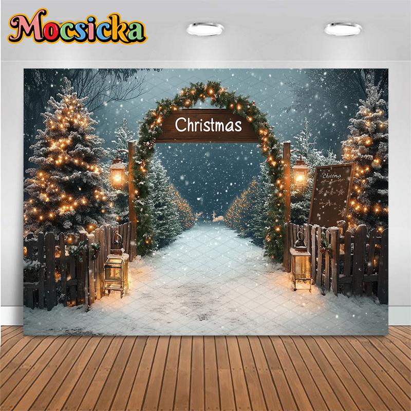 Mocsicka Рождественский Фон для Фотографии Лес Дерево Детская Фото Фотофон Обои Зима Снег Дверь Украшения для Вечеринки Баннер