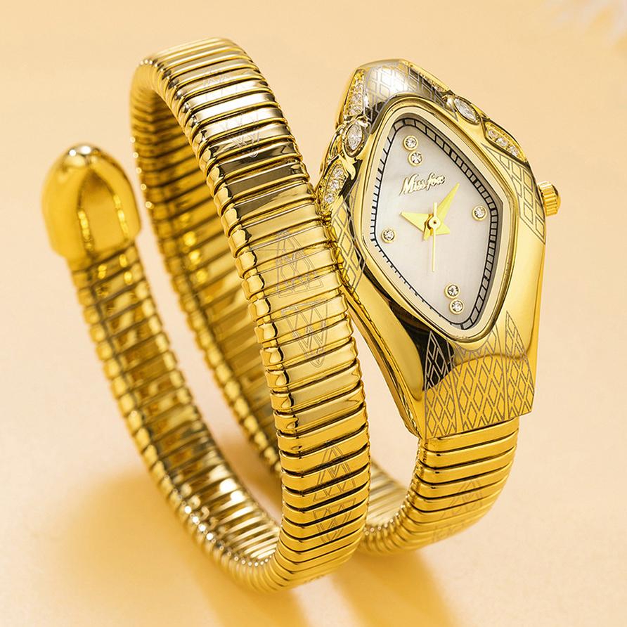 MISSFOX-Ladies' Exquisite Winding Snake Head Watch Waterproof Quartz Watch Unique Art Serpentine Diamond Bracelet