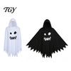 Black And White Ghost Cloak Halloween with Hood, Loose Fit Irregular Hem Costume Hooded Cape for Cosplay Party, Spooky Pullover Kids Adults
