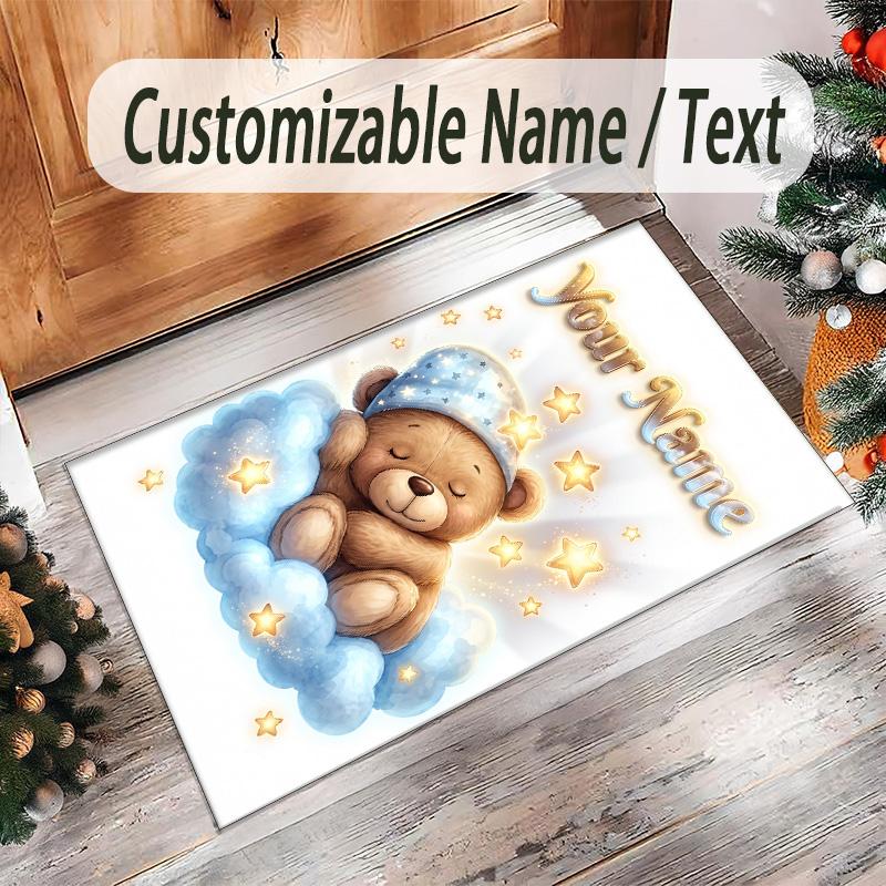 Teddy Bear Theme Crystal Velvet Rug Personalized Custom Name Text Soft Floor Mat Home Decor