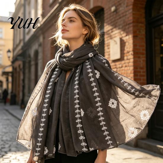 Lightweight Breathable Wrap Solid Color Embroidered Shawl for Women, Soft Gauze Scarf with Floral Oriental Style Vine Texture, 180x90cm Spring Summer