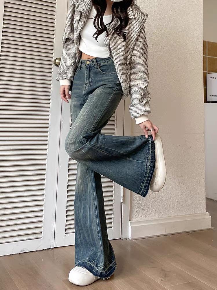 Korean Fashion Slim Casual Vintage Blue Women‘s Jeans Winter American Style Chic Office Ladies Pockets Basic Female Flare Pants