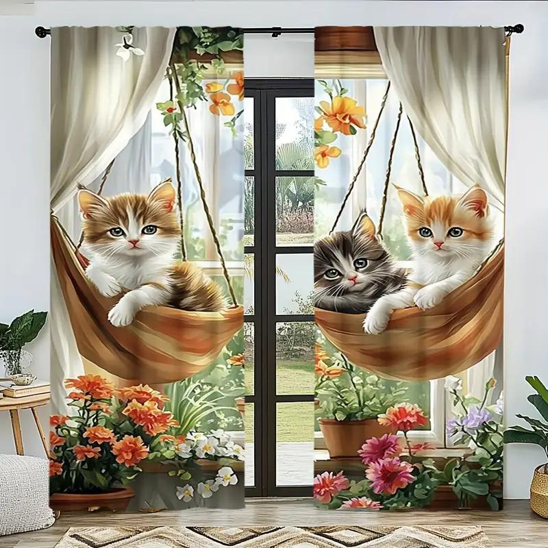 2 шт. - Очаровательные шторы с принтом кошек и цветов, шторы с кулиской, для спальни и гостиной, украшение дома, украшение комнаты