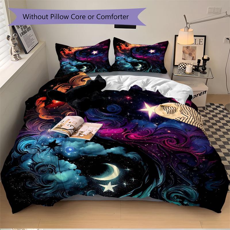 3pcs Celestial Dance in Vibrant Swirls and Stars Bedding Set - 1 Soft Quilt Cover + 2 Pillowcases, Machine Washable - Suitable for All Seaso