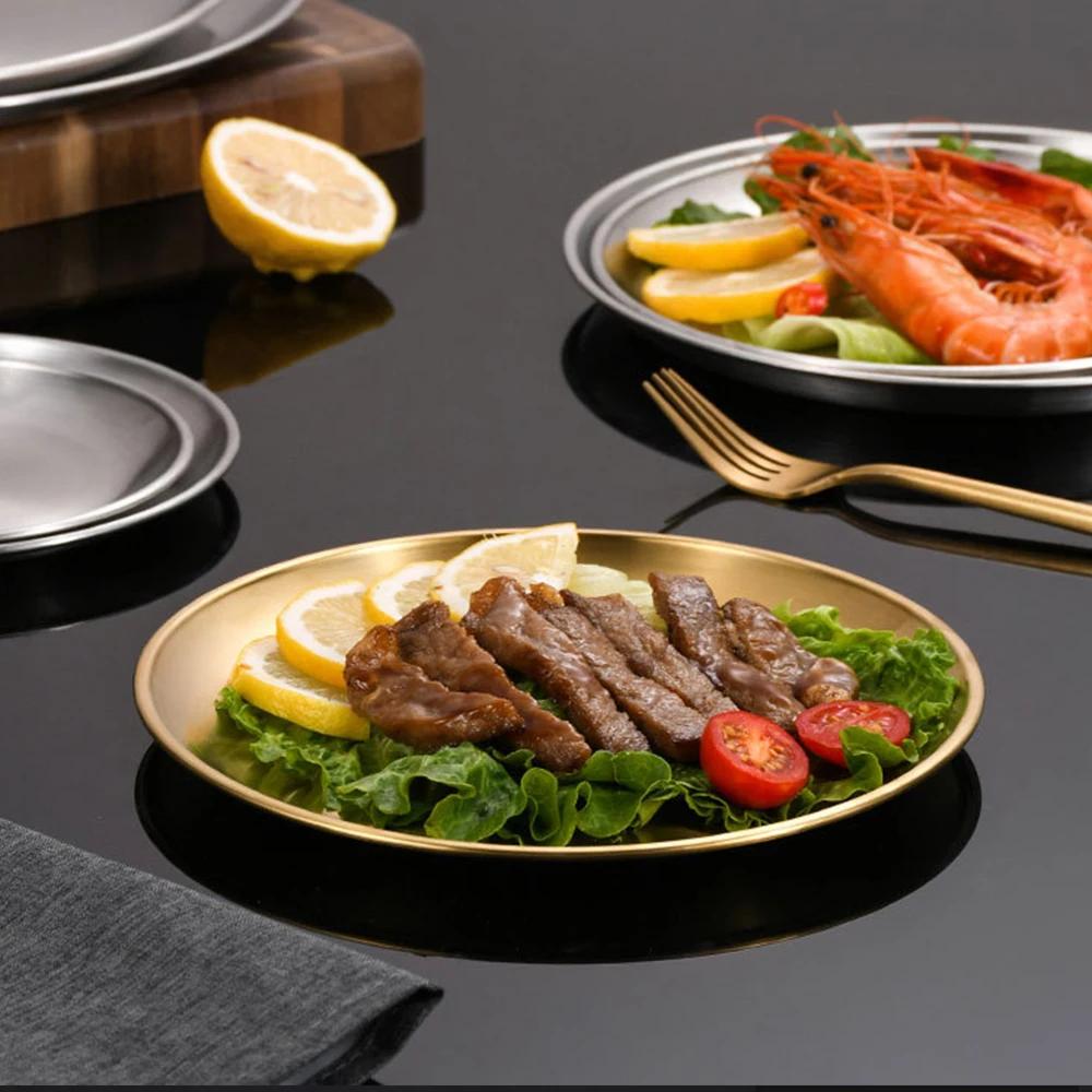 4 шт. Круглая золотая тарелка, нержавеющая сталь, мелкий поднос, тарелка 20/23/26/30 см, походная тарелка, посуда для барбекю, пикника, кухонная посуда