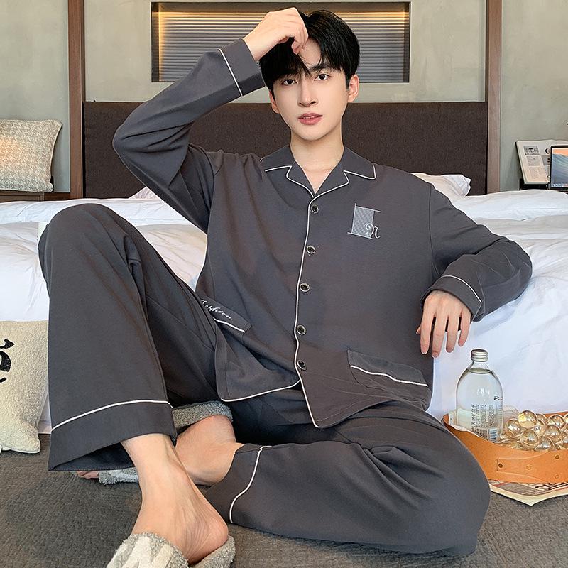 Мужская пижама из хлопка с длинным рукавом на 2024 год - Весенне-осенний комплект домашней одежды для мальчиков-подростков