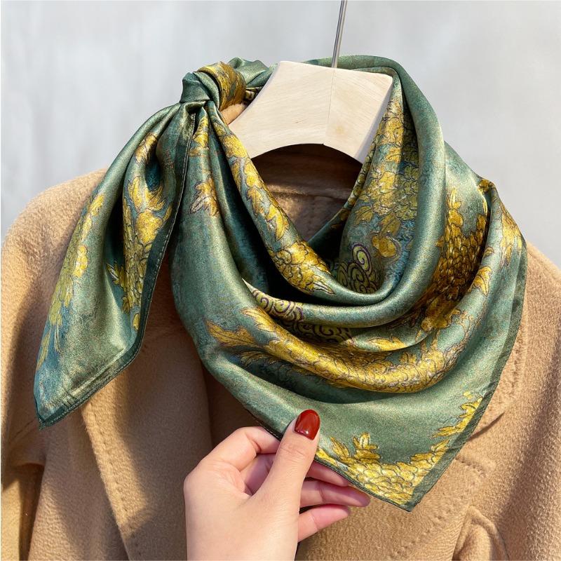 Spring New Plain Crepe Satin Mulberry Silk Silk Scarf Women's High Sense Golden Lamp Peony Printing Silk Square Scarf Silk Gift