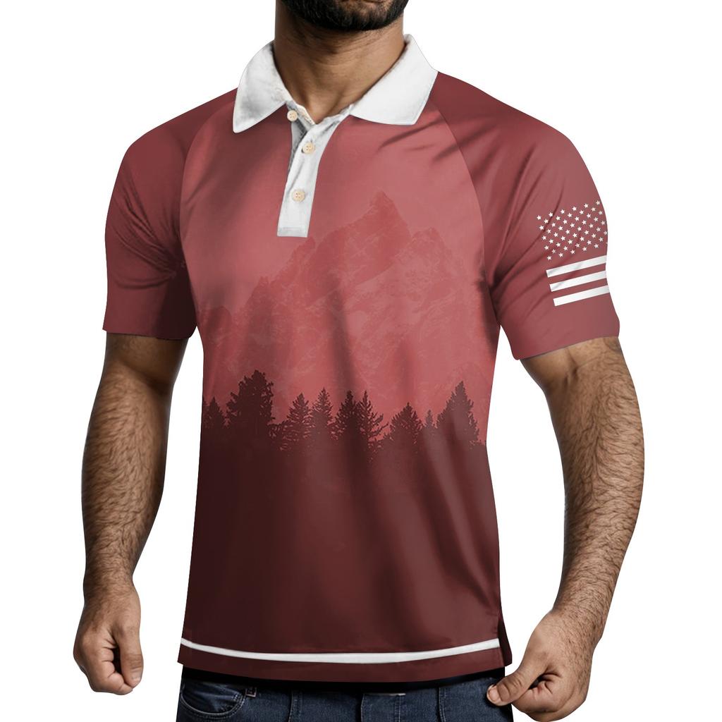 Men's Three Button Printed Lapel Short Sleeve Shirt Top