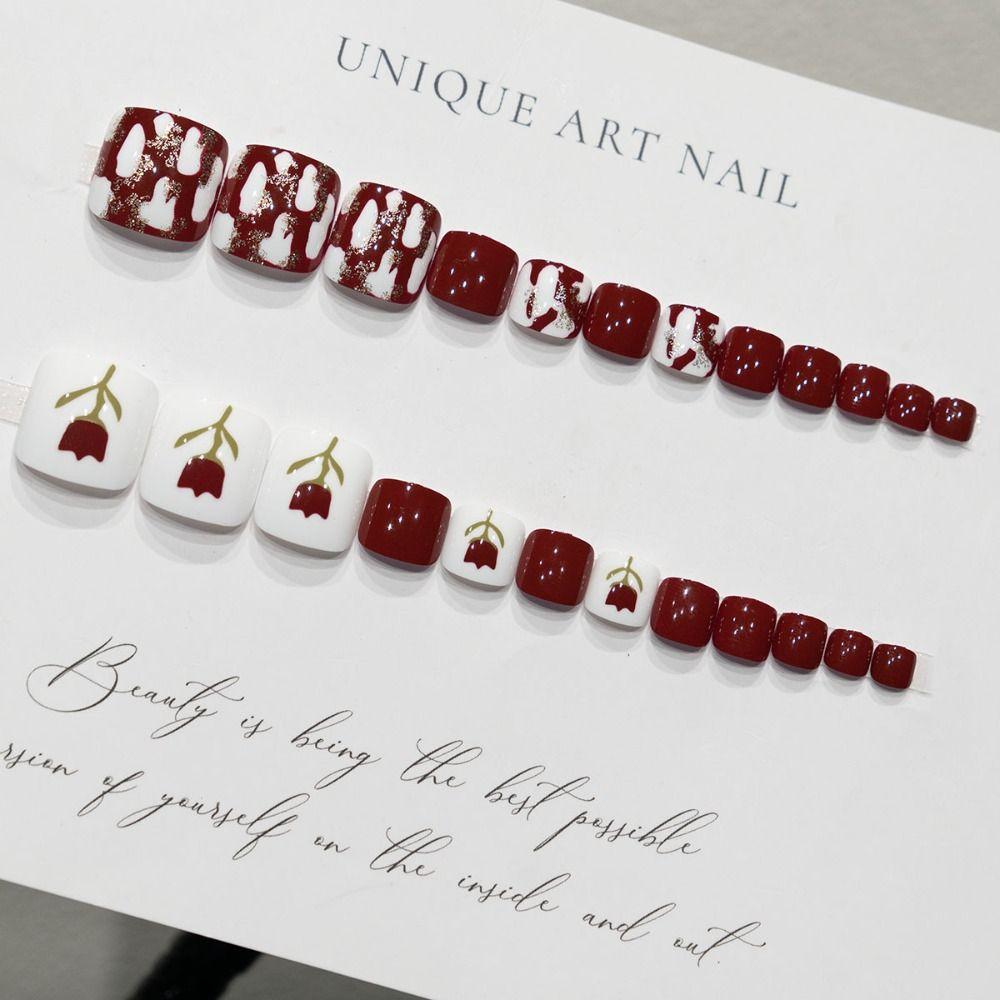 French Toe Nails Red Rose Foot Nails Nail Tips Fake Toenails for Women Girl