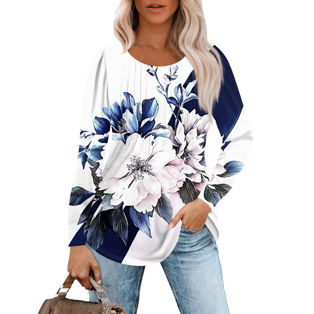 Женская модная повседневная плиссированная футболка с круглым вырезом и принтом, с длинным рукавом