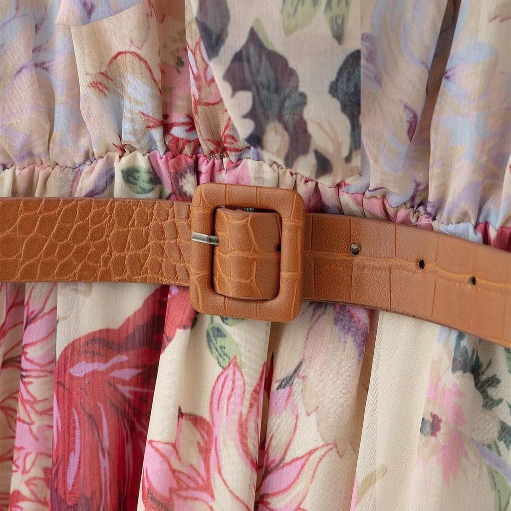 Весеннее платье миди с цветочным принтом, поясом, воротником-бантом и длинными рукавами для женщин.