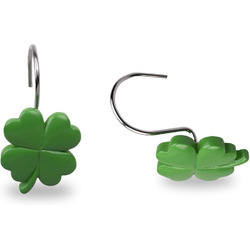 12 PCS Shamrock Shower Curtain Hooks Shower Decor, Rustproof Bathroom Decorative Shower Hooks, Green Shower Curtain Hooks Botanical Shower Curtain