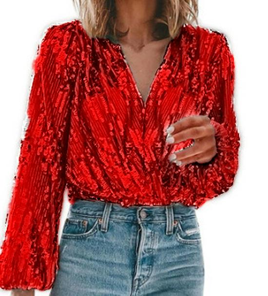European & American V-Neck Sequin Women's Fashion Top