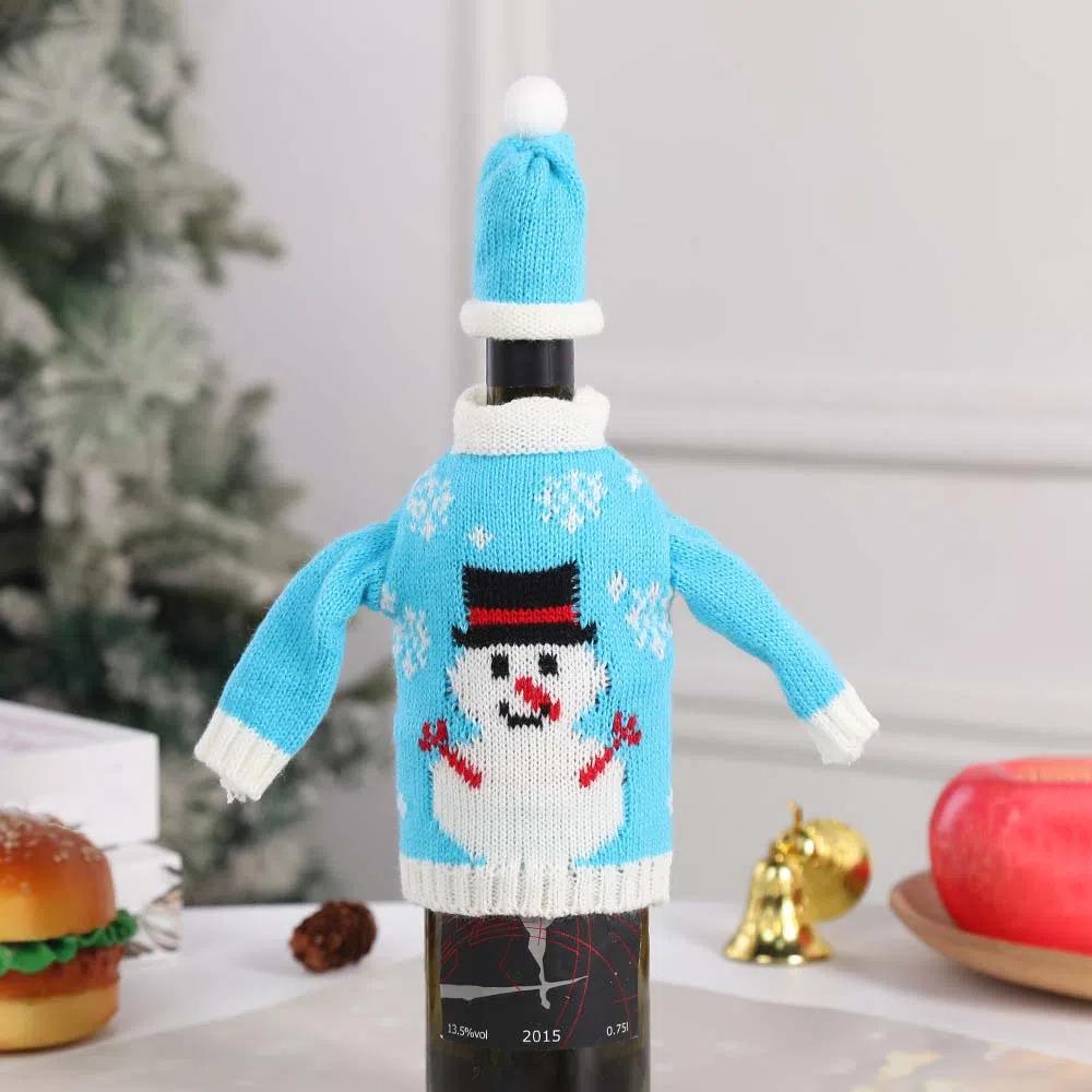 Knitted Clothes with Hats Christmas Wine Bottle Cover Christmas Decorations Portable Champagne Wine Bag Reusable Snowman
